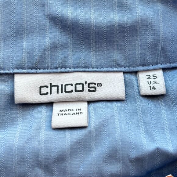 Chico's No Iron Stretch Blue Shadow Stripe Top Balloon Sleeves Size 14 - Picture 13 of 15